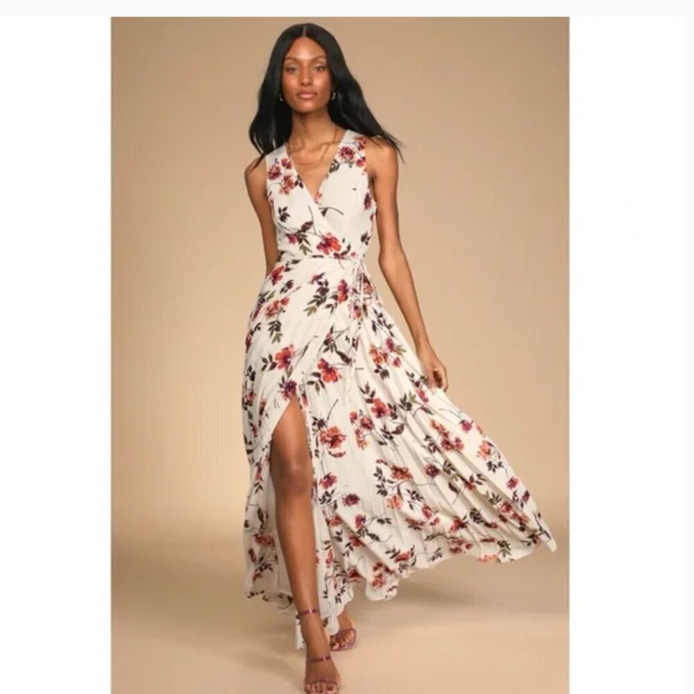 NWT Lulus Lindsie Ivory Multi Floral Print Pleated Wrap Maxi Dress
